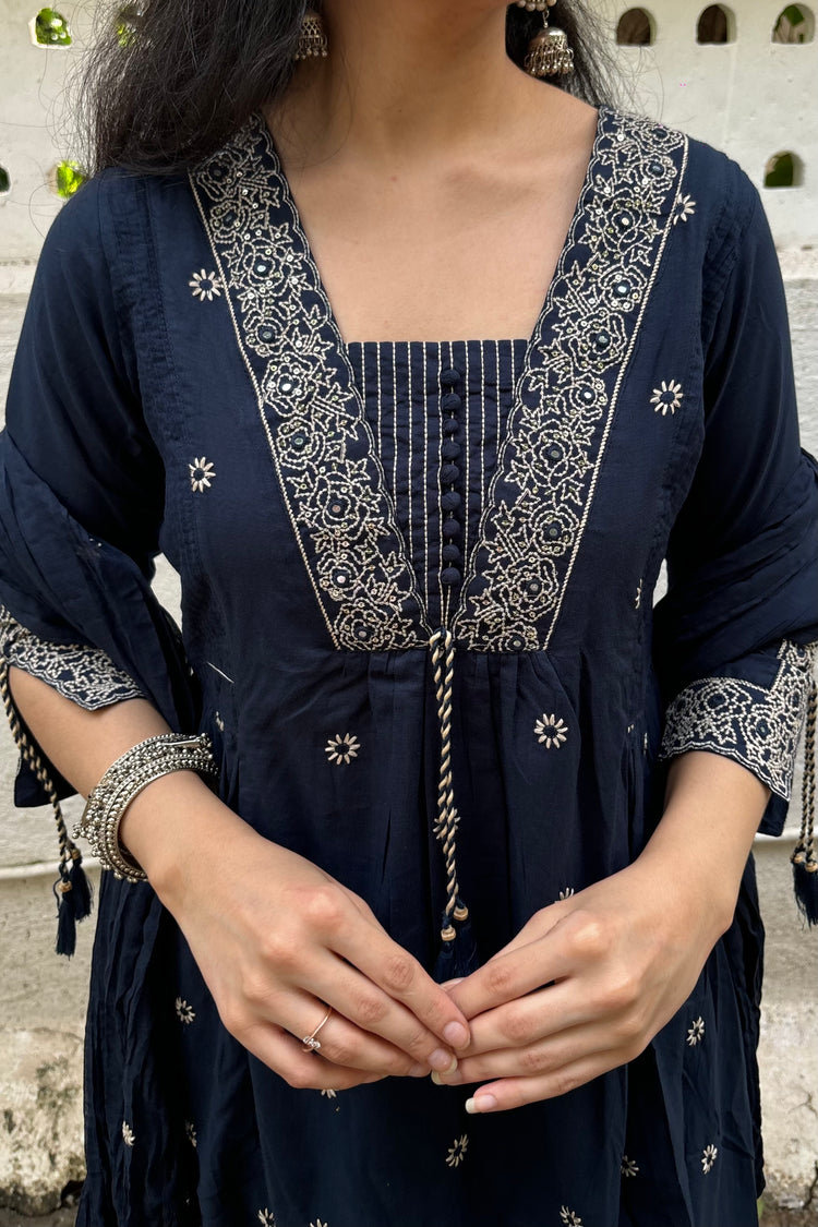 Navy Blue Pure Cotton 3-Piece A-Line Kurti Set with Crush Cotton Dupatta