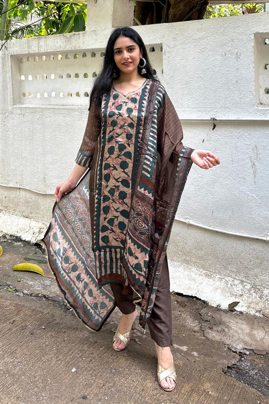 Brown & Teal Printed Crepe 3-Piece Dupatta Set