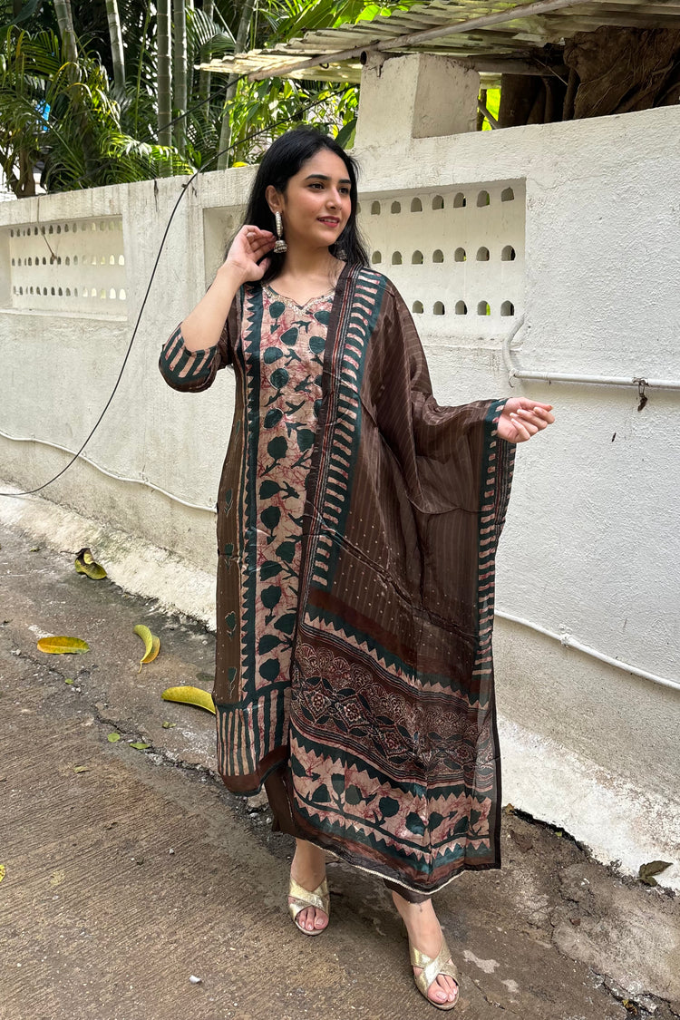 Brown & Teal Printed Crepe 3-Piece Dupatta Set