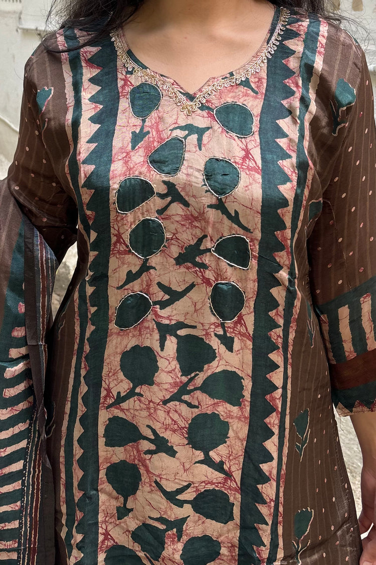 Brown & Teal Printed Crepe 3-Piece Dupatta Set