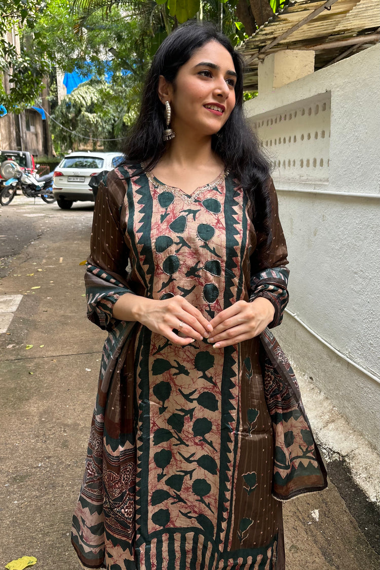 Brown & Teal Printed Crepe 3-Piece Dupatta Set