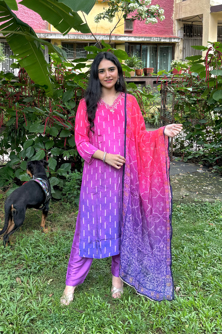 Purple to Pink Ombre Crepe 3-Piece Dupatta Set with Organza Dupatta