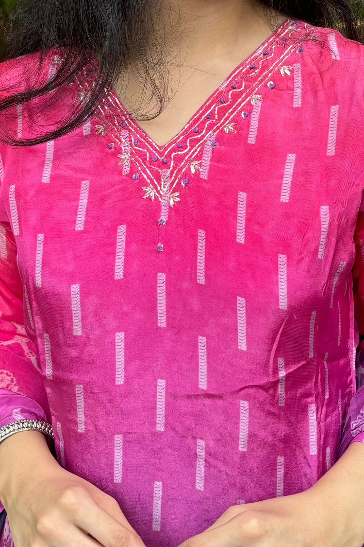 Purple to Pink Ombre Crepe 3-Piece Dupatta Set with Organza Dupatta