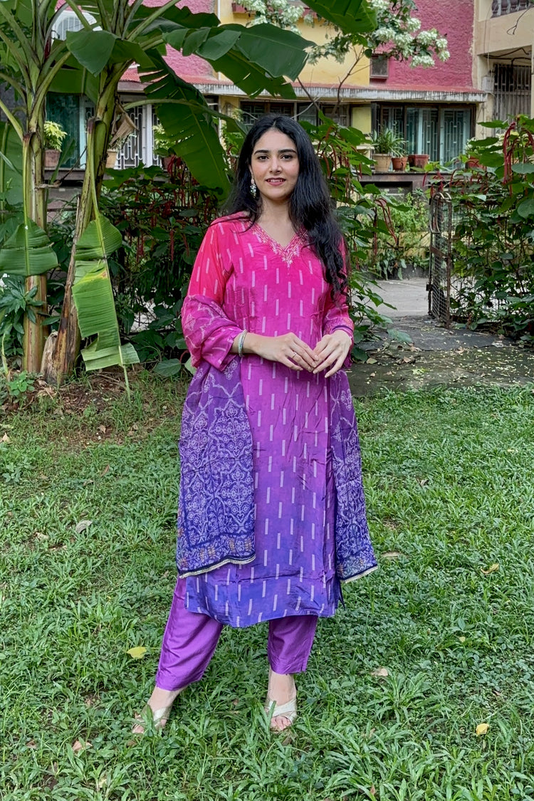 Purple to Pink Ombre Crepe 3-Piece Dupatta Set with Organza Dupatta