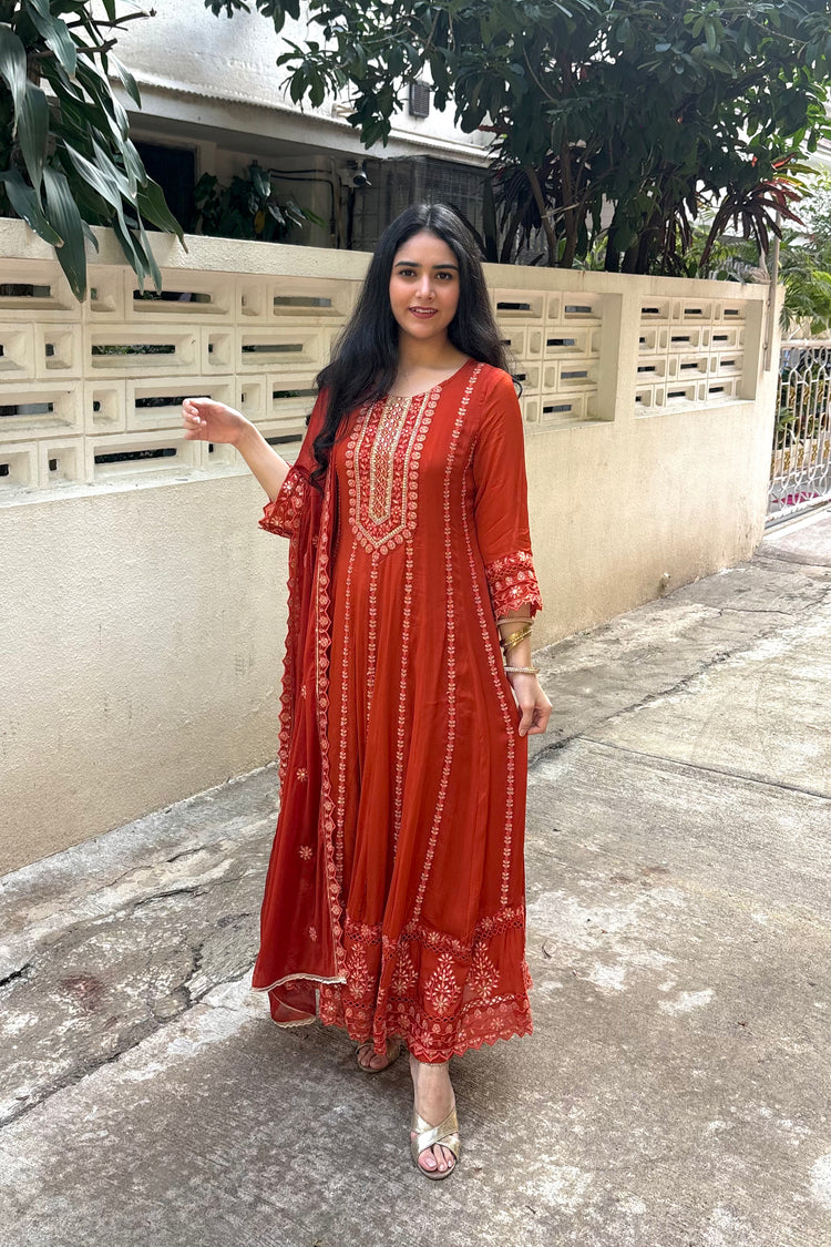 Chinon Full-Length Embroidered Anarkali Suit in Rust with Pants & Dupatta