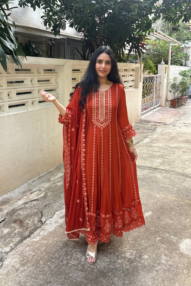 Chinon Full-Length Embroidered Anarkali Suit in Rust with Pants & Dupatta