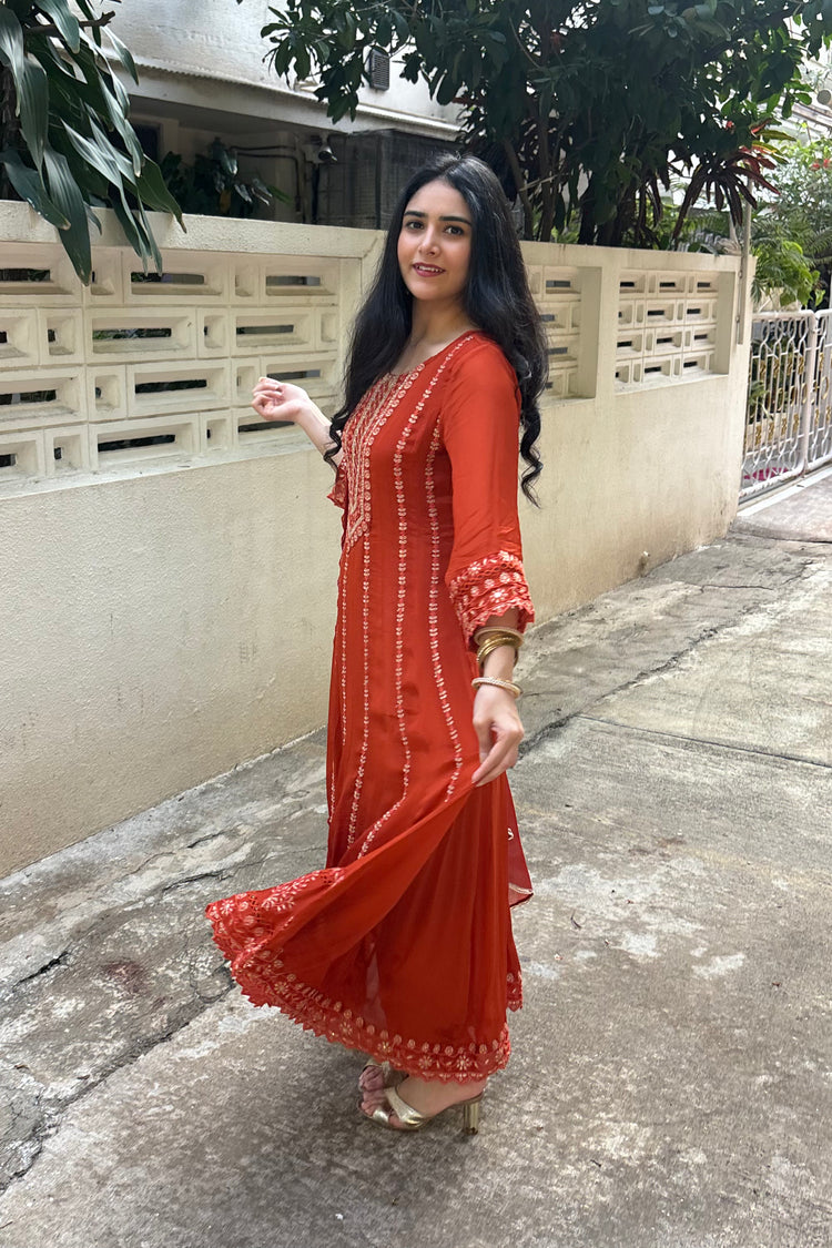 Chinon Full-Length Embroidered Anarkali Suit in Rust with Pants & Dupatta