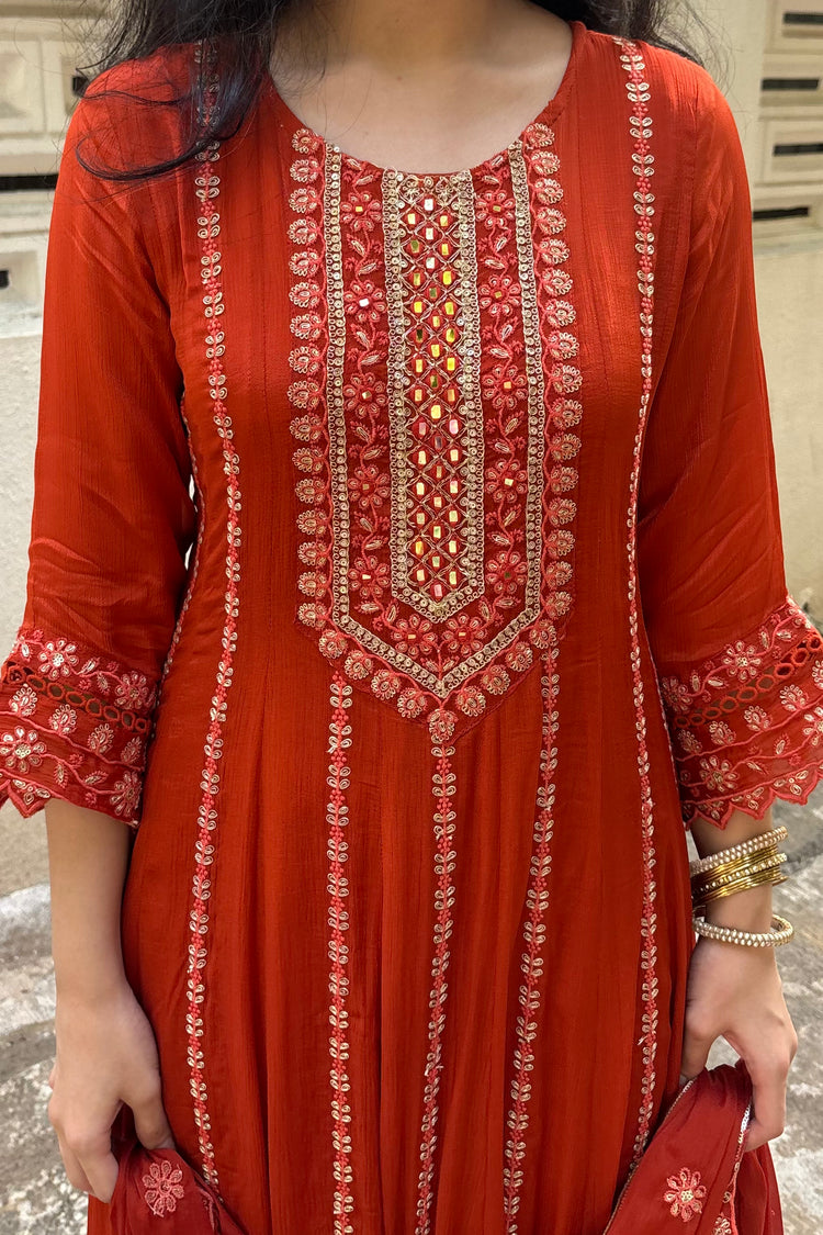 Chinon Full-Length Embroidered Anarkali Suit in Rust with Pants & Dupatta