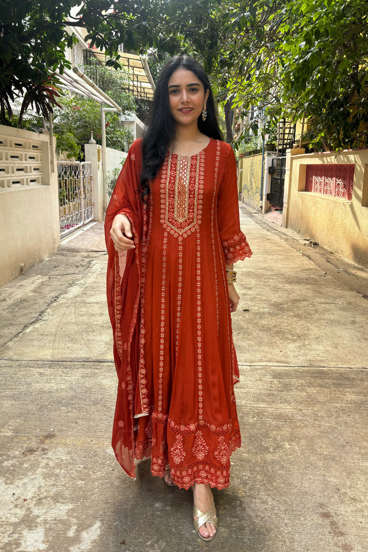 Chinon Full-Length Embroidered Anarkali Suit in Rust with Pants & Dupatta