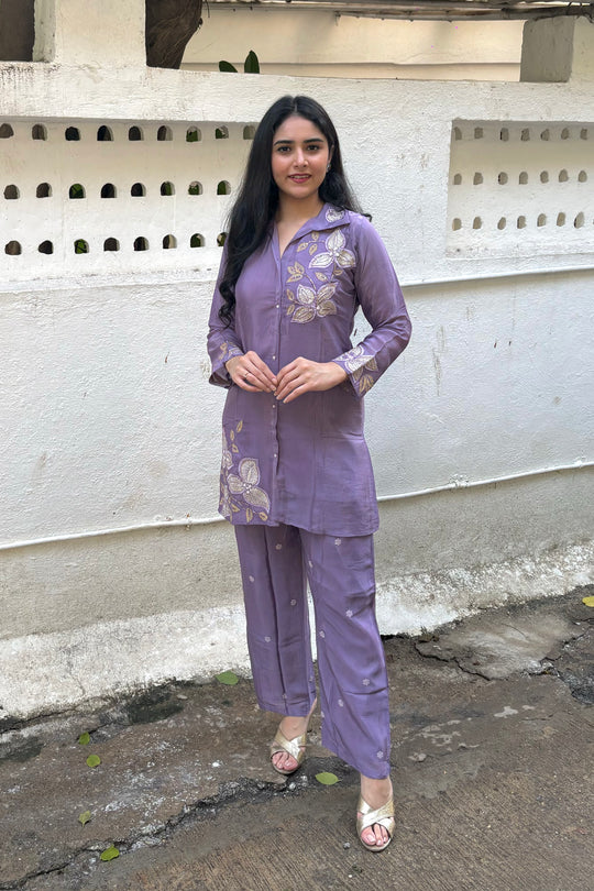 Lavender Chinon Co-ord Set with Floral & Embroidery