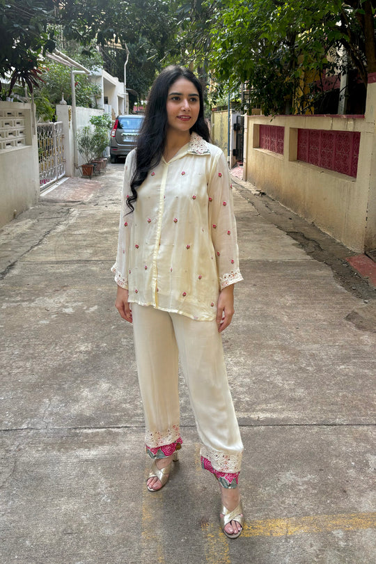 Cream Chinon Co-ord Set with Embroidery & Schiffli Detailing