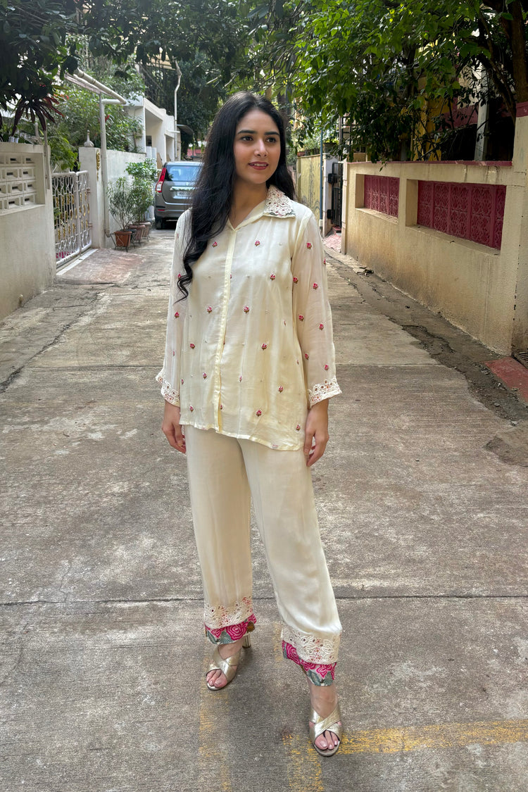 Cream ChinonEmbroidered  Co-ord Set