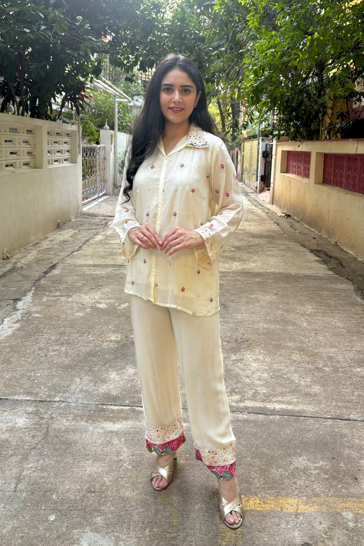 Cream ChinonEmbroidered  Co-ord Set