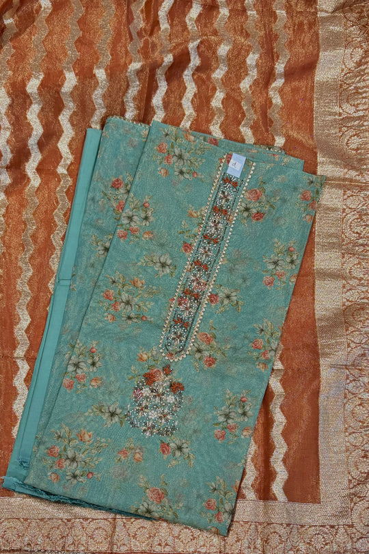 Turquoise Floral Shimmer Organza Dress Material with Rust Banarasi Dupatta