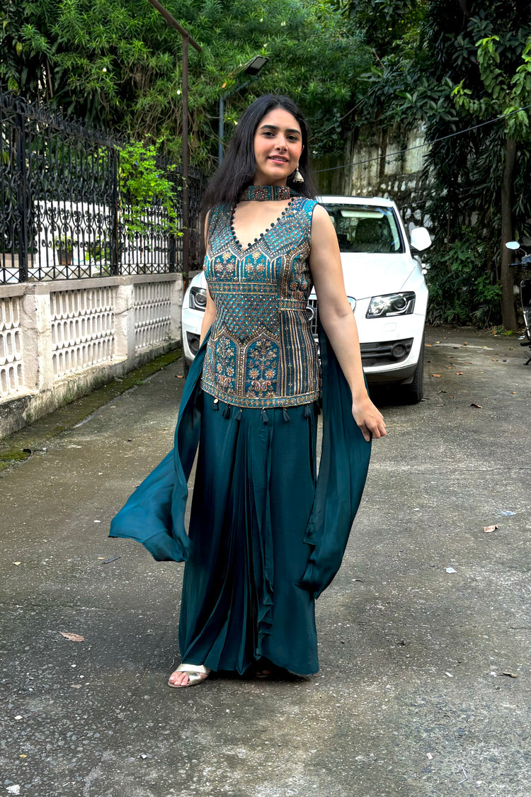 Teal Indo-Western Dhoti Skirt Set