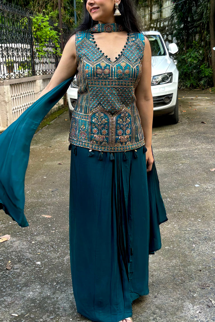 Teal Indo-Western Dhoti Skirt Set