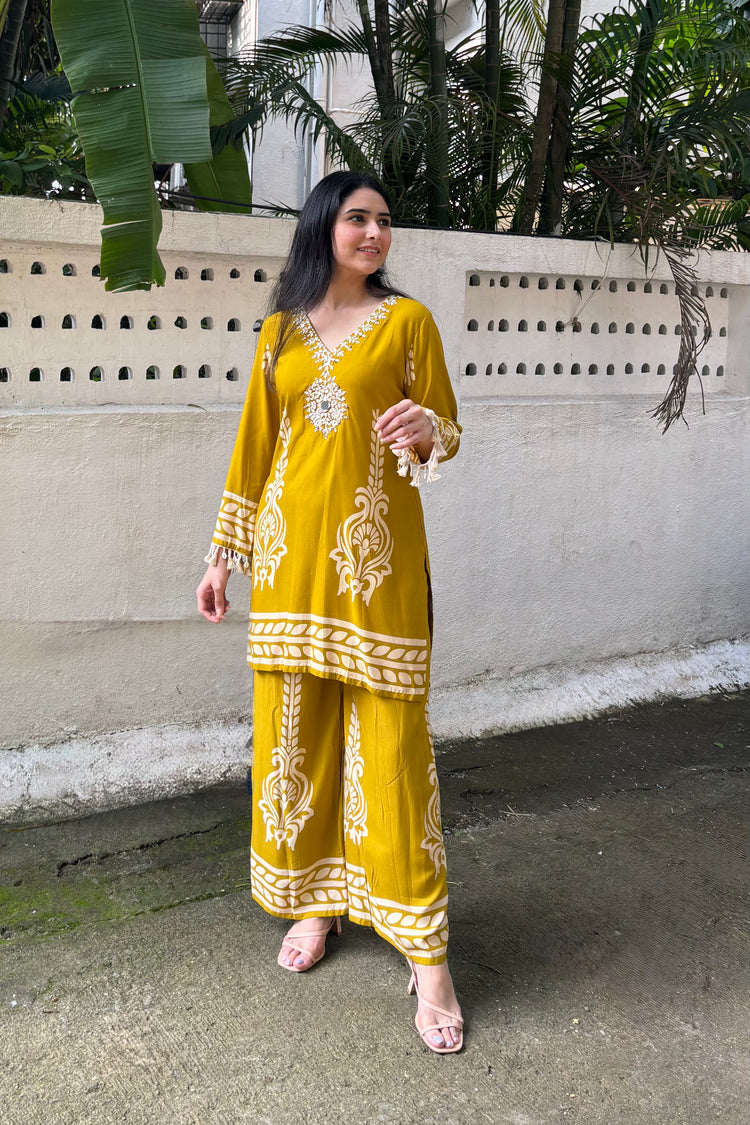 Mustard Kurti Palazzo Co-Ord Set