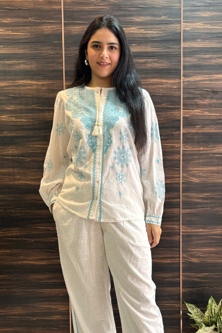 White Cotton Co ord Set with Blue Embroidery
