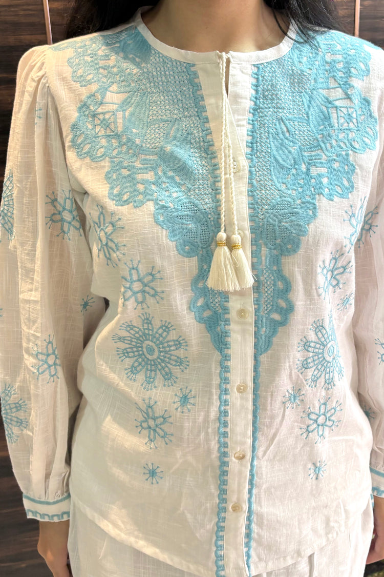 White Cotton Co ord Set with Blue Embroidery