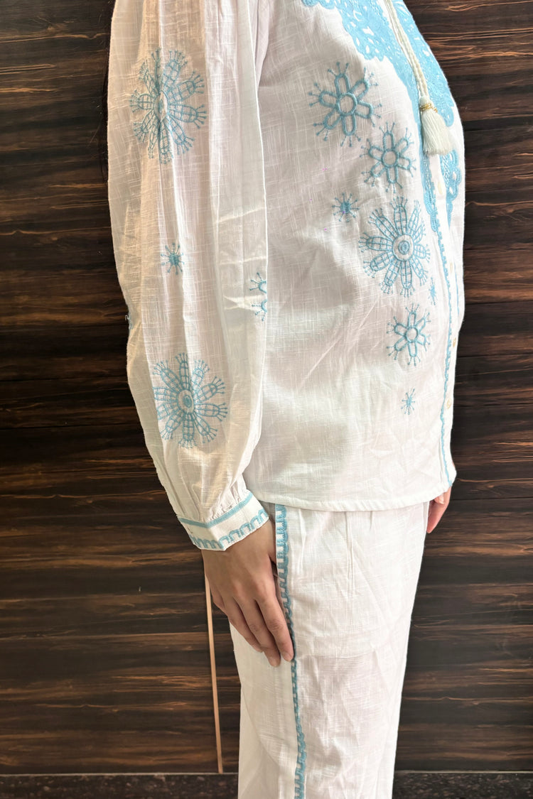 White Cotton Co ord Set with Blue Embroidery