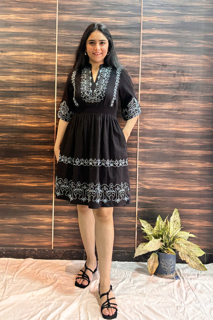 Black Cotton Embroidered Knee Length Dress