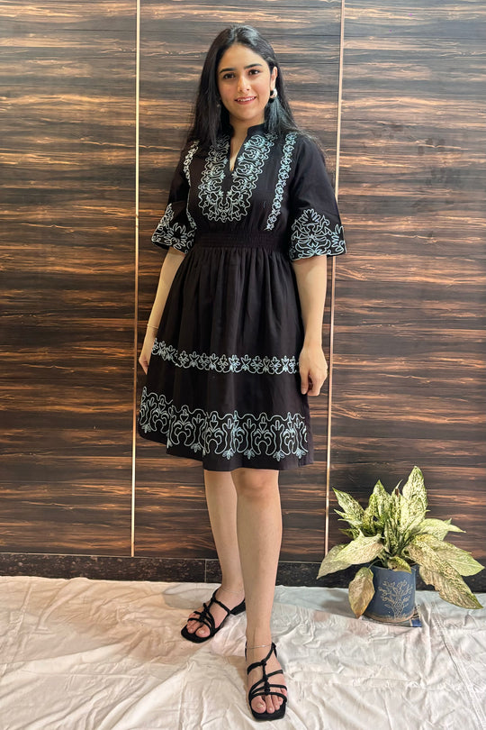Black Cotton Embroidered Knee Length Dress