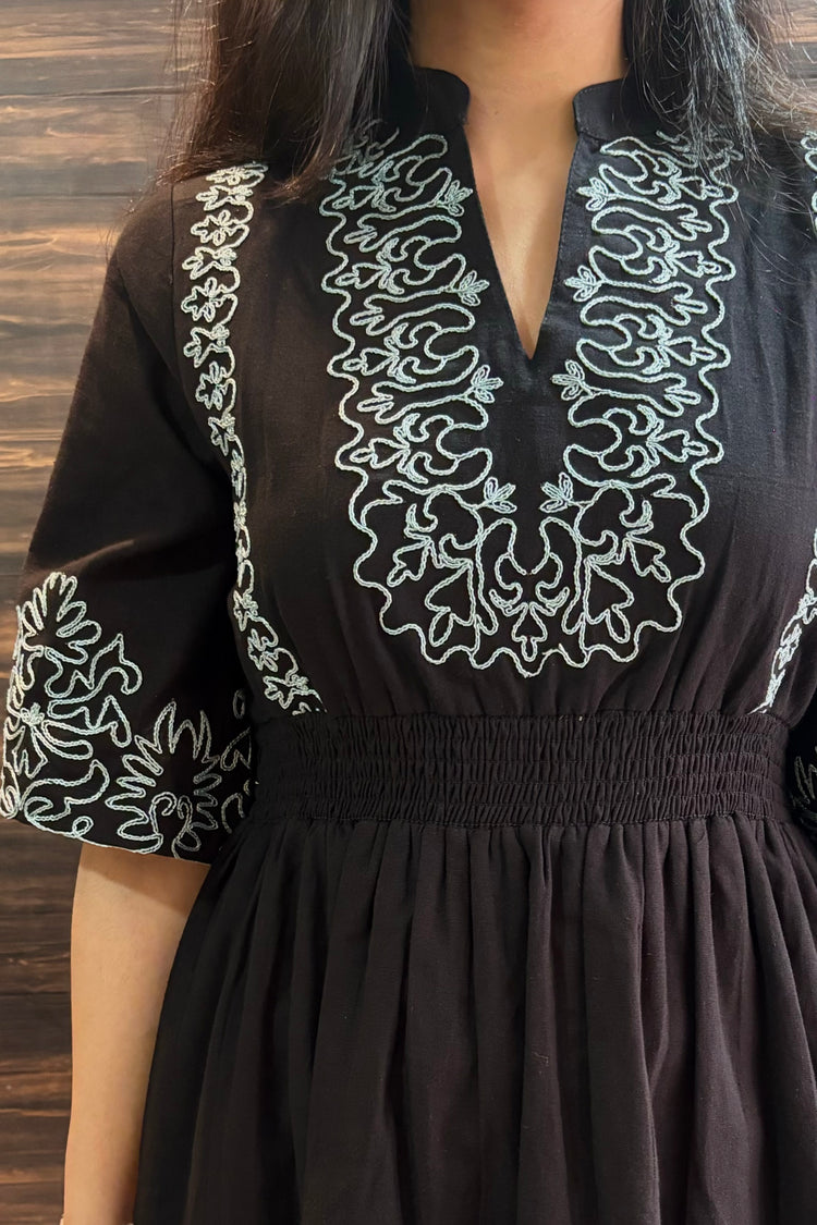 Black Cotton Embroidered Knee Length Dress