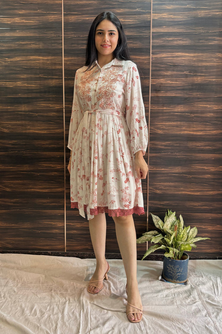 Fit & Flare Printed Cotton Dress with Belt