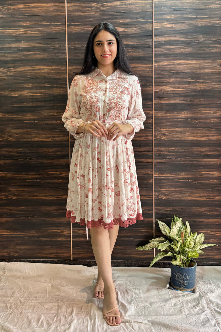 Fit & Flare Printed Cotton Dress with Belt