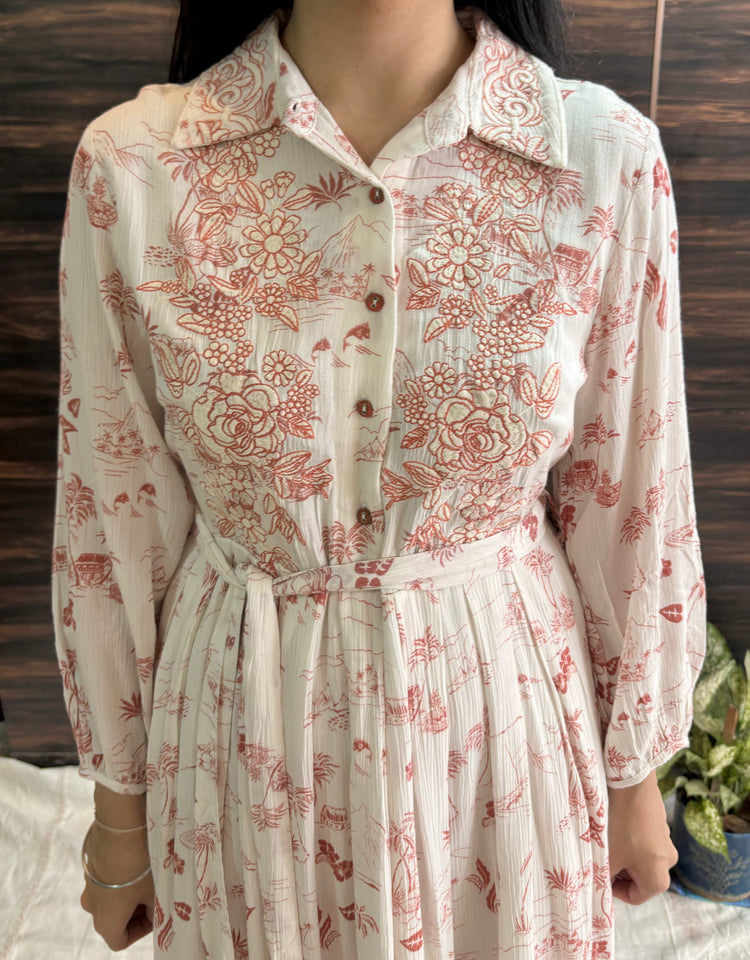 Fit & Flare Printed Cotton Dress with Belt