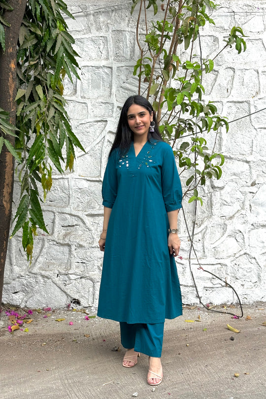 Teal Cotton Mirror work A line Kurti with Pants Set