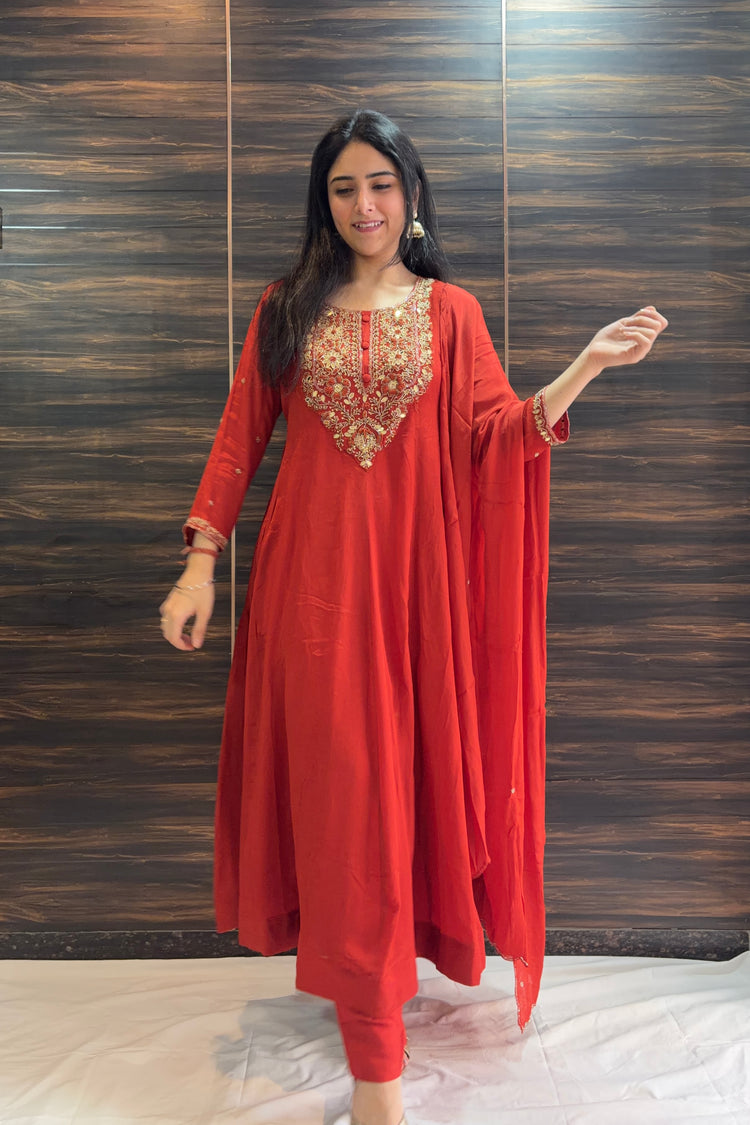 Rust Chinon Anarkali Suit Set