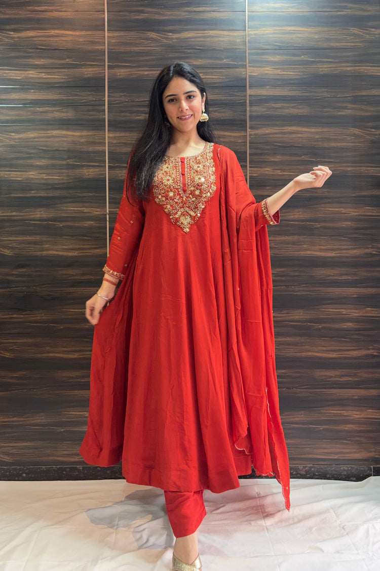Rust Chinon Anarkali Suit Set
