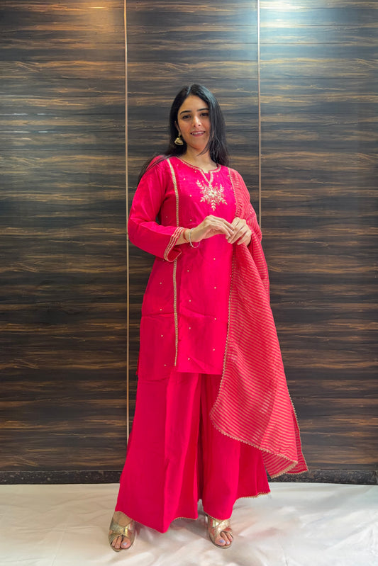 Rani Pink Silk Suit with Palazzo & Dupatta