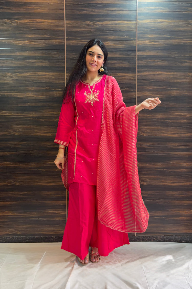 Rani Pink Silk Suit with Palazzo & Dupatta