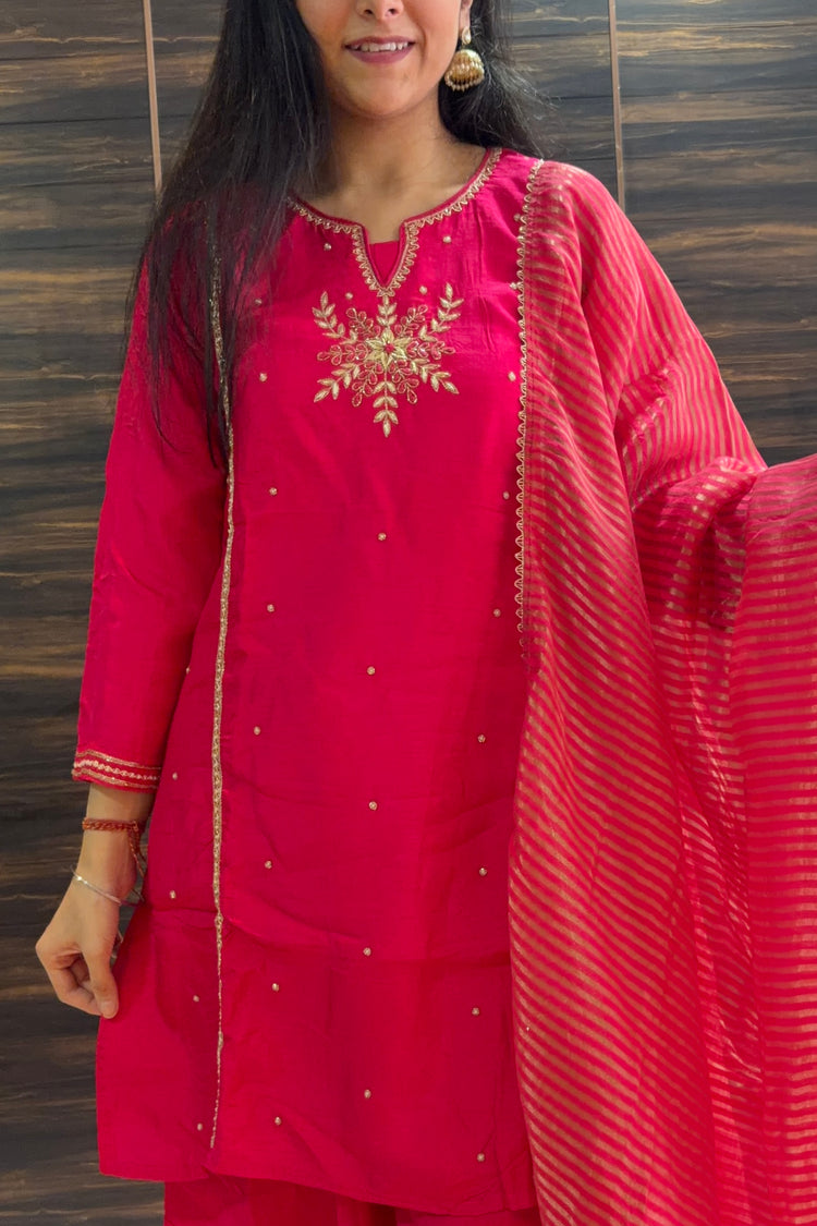 Rani Pink Silk Suit with Palazzo & Dupatta