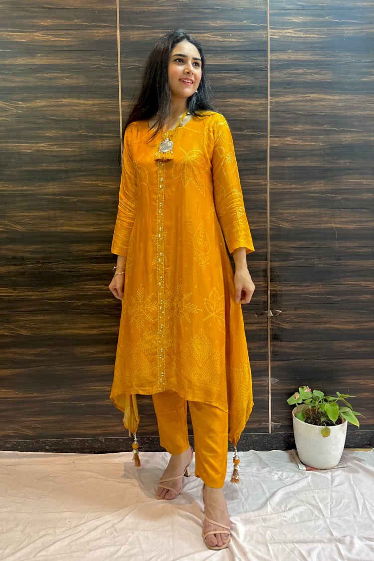 Deep Yellow Silk A-Line Printed Kurti Set with Embroidery & Oxidised Neckpiece