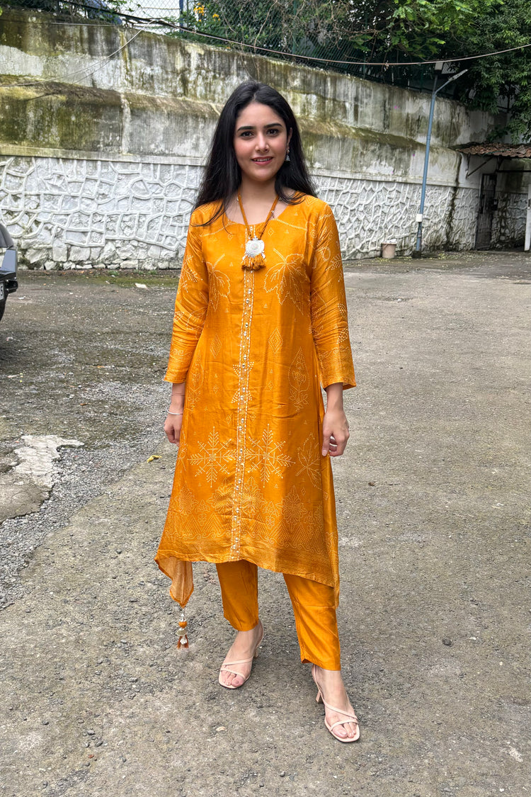 Deep Yellow Silk A-Line Printed Kurti Set with Embroidery & Oxidised Neckpiece