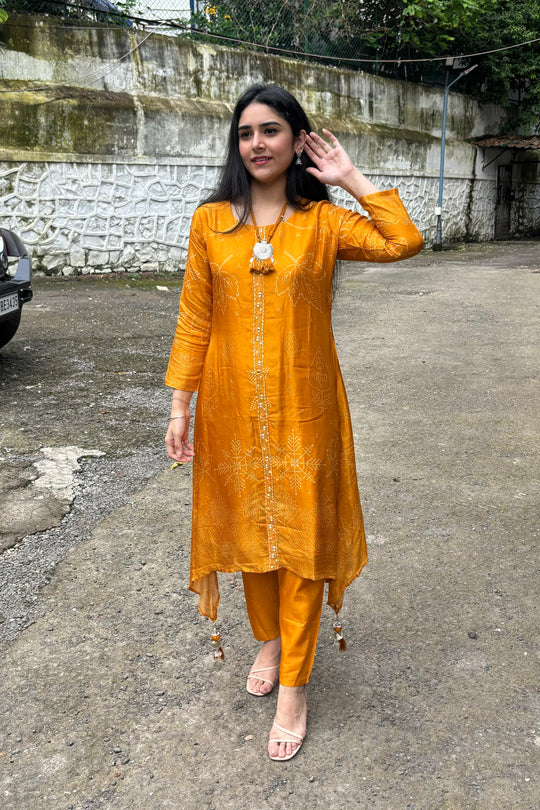 Deep Yellow Silk A-Line Printed Kurti Set with Embroidery & Oxidised Neckpiece