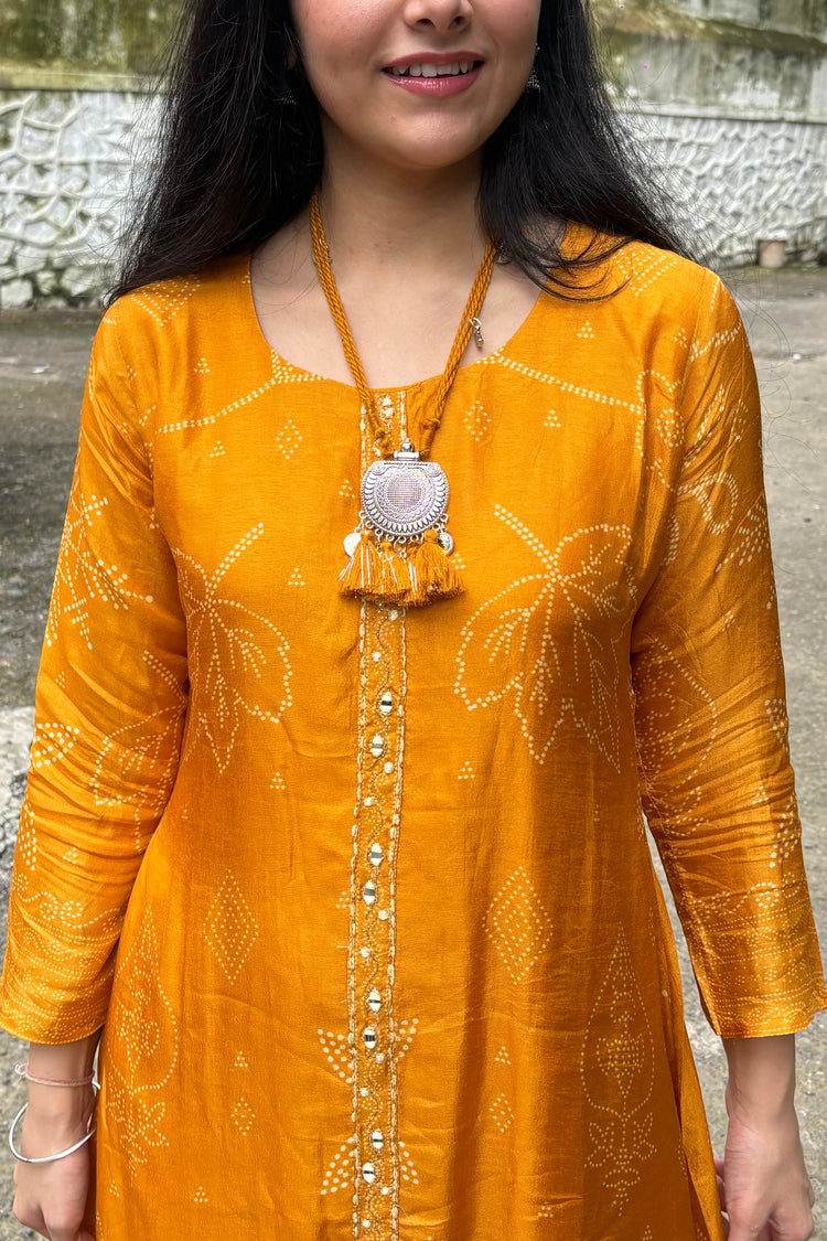 Deep Yellow Silk A-Line Printed Kurti Set with Embroidery & Oxidised Neckpiece