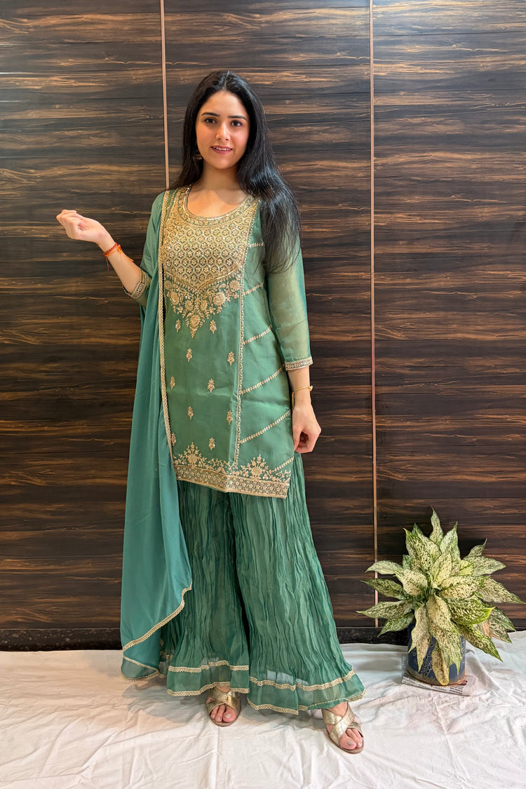 Green Tissue Silk Crush Palazzo Suit