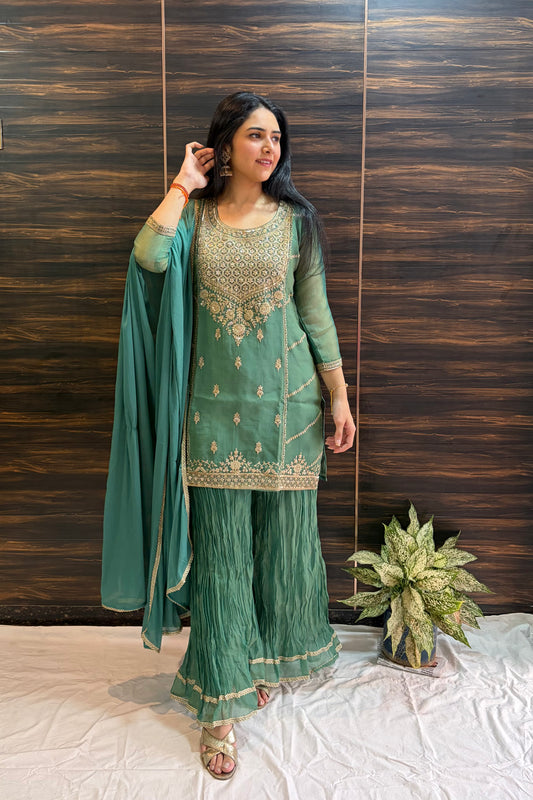 Green Tissue Silk Crush Palazzo Suit