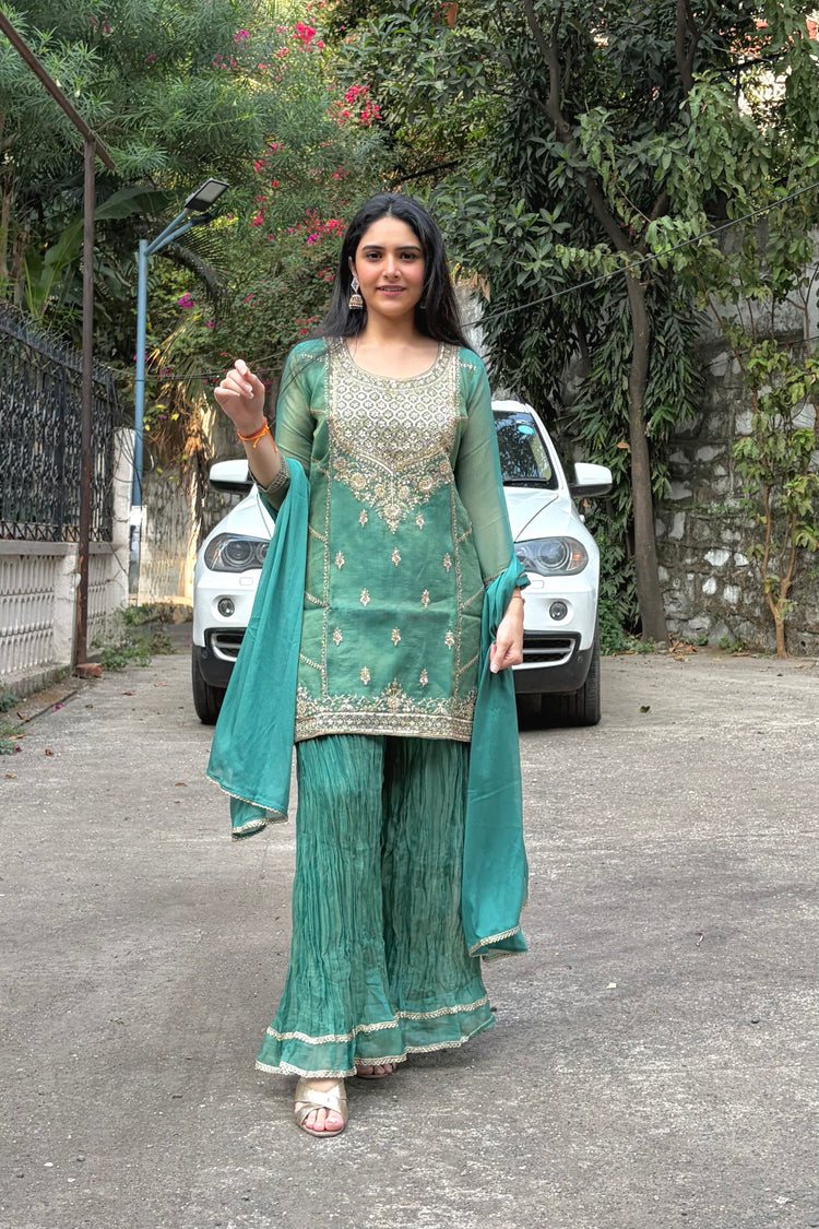 Green Tissue Silk Crush Palazzo Suit