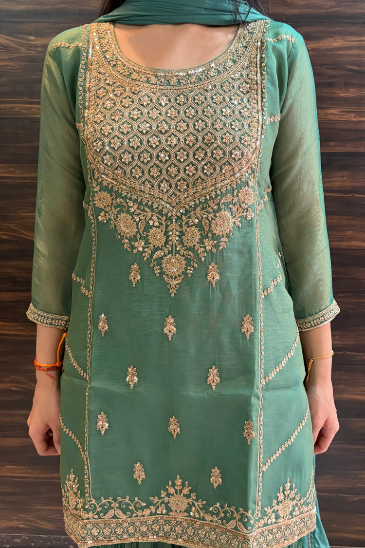 Green Tissue Silk Crush Palazzo Suit