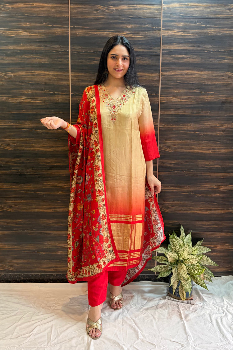 Red to Beige Ombre Muslin Silk Dupatta Set