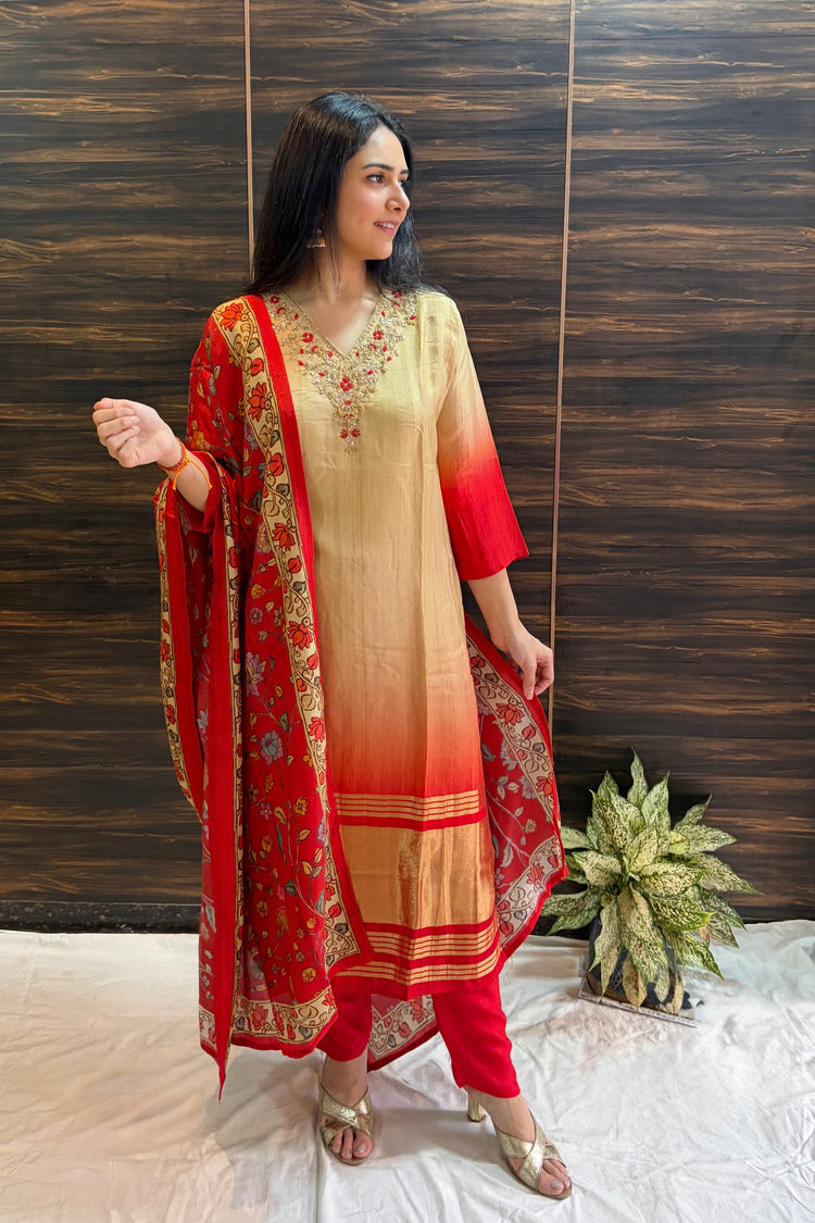 Red to Beige Ombre Muslin Silk Dupatta Set