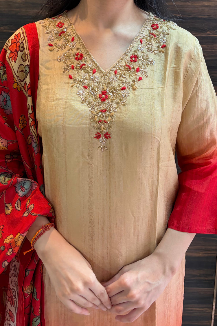 Red to Beige Ombre Muslin Silk Dupatta Set