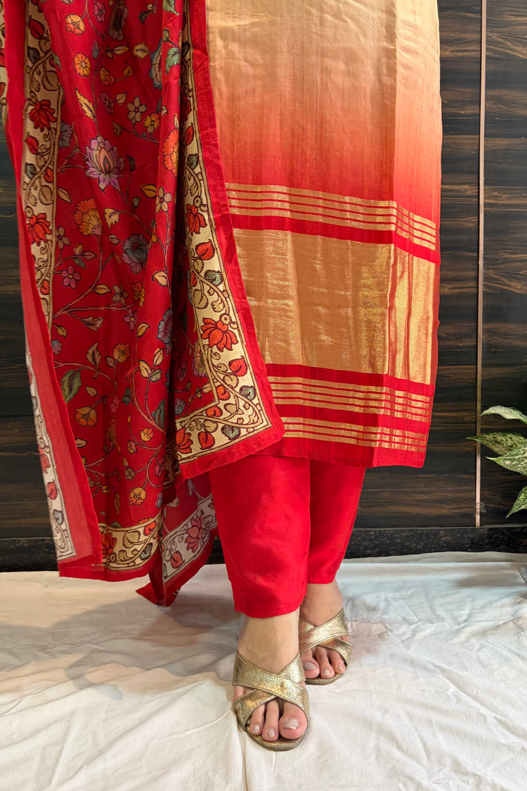 Red to Beige Ombre Muslin Silk Dupatta Set
