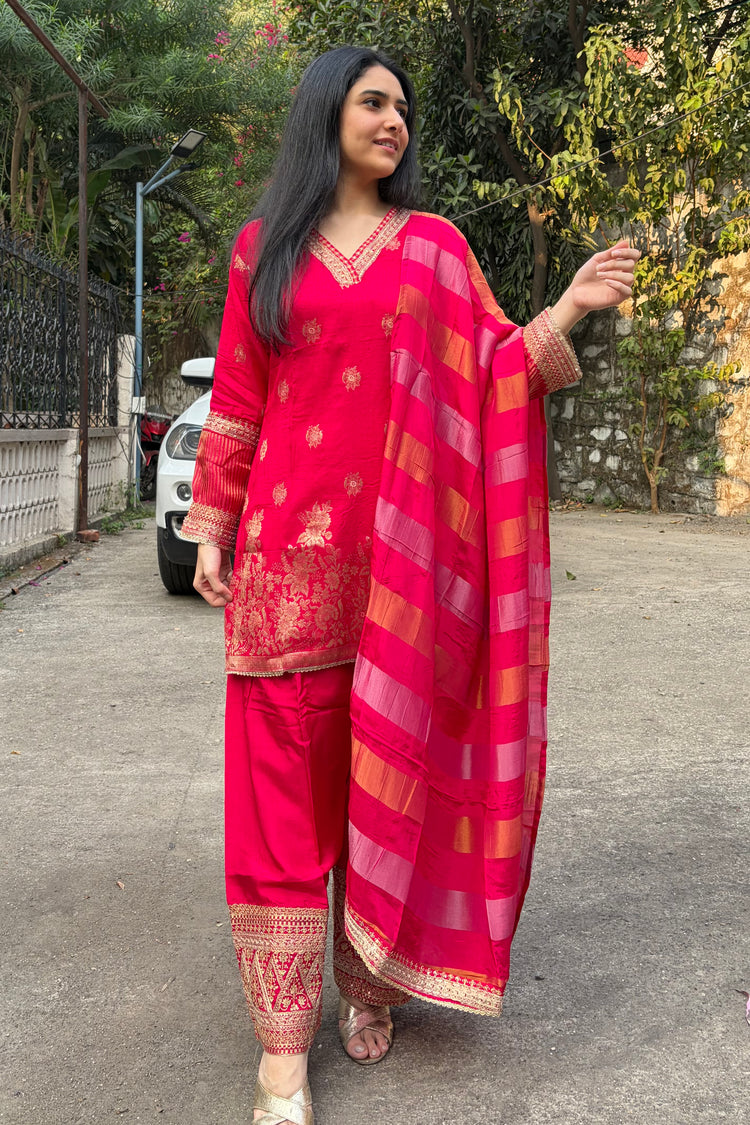 Bright Pink-Red Banarasi Silk Farshi Salwar Suit