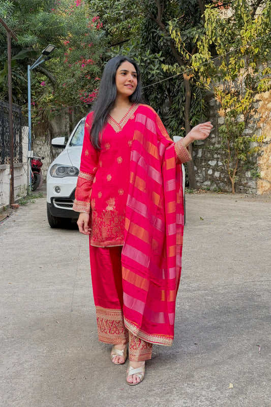 Bright Pink-Red Banarasi Silk Farshi Salwar Suit